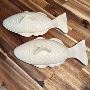 Pair Vintage Zodax Fish Shaped Covered Dishes, 10.5" Ceramic Serving Ware -THA